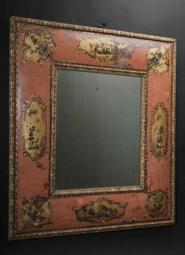 French Regence - Venetian Mirror In Pink Lacquer With &quot;arte Povera&quot; Decoration, Venice Aroun