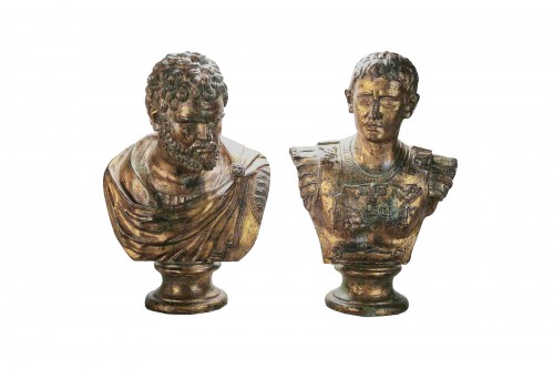 Paire de bustes en bronze doré de César et Antoine, Naples fin 19e siècle