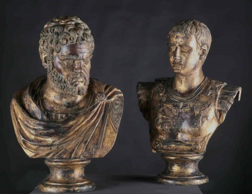 Paire de bustes en bronze doré de César et Antoine, Naples fin 19e siècle - Sculpture Style 