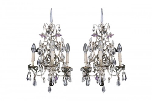 Pair Of Rock Crystal Sconces, Silver Bronze, Piedmont 19th C.