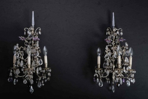 Pair Of Rock Crystal Sconces, Silver Bronze, Piedmont 19th C. - 