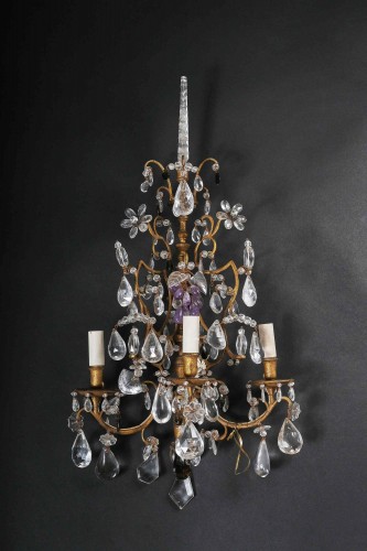 Paire d'appliques en cristal de roche et bronze Doré, Piémont 18e siècle - Luminaires Style 
