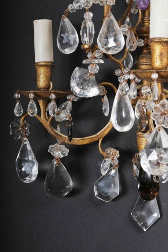 Paire d'appliques en cristal de roche et bronze Doré, Piémont 18e siècle - 