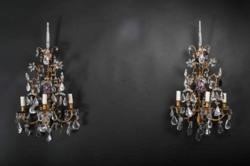 Antiquités - Pair Of Rock Crystal Sconces, Gilt Bronze, Piedmont 18th C