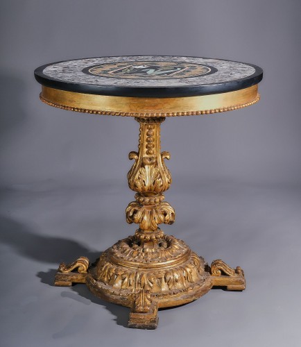 Carved and gilded gueridon with a Pietra Dura top, Rome around 1840 - Furniture Style Restauration - Charles X