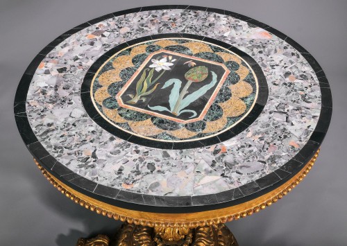 Carved and gilded gueridon with a Pietra Dura top, Rome around 1840 - 