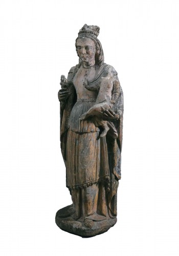 Virgin In Limestone Stone With Remains Of Old Colors, Probably Burgundy, 16