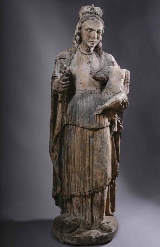 Vierge en pierre calcaire avec restes d'anciennes couleurs, Probablement Bourgogne, 1 - Sculpture Style Renaissance