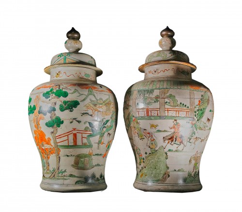 Pair of large wooden vases with lacquer decoration