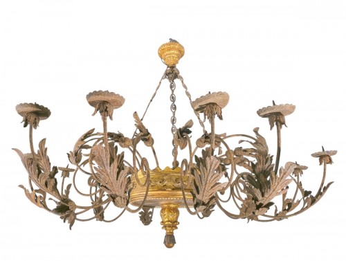 Large Italian Chandelier In Gilded Wood And Wrought Iron, Tuscany 18th 
