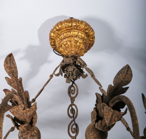 Louis XIV - Large Italian Chandelier In Gilded Wood And Wrought Iron, Tuscany 18th 