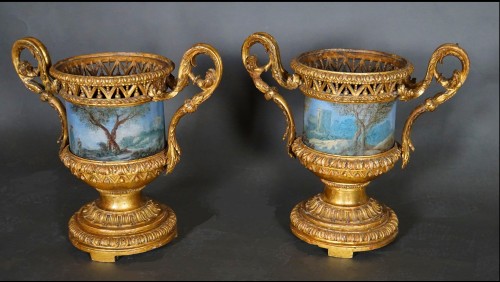 Pair of Carved And Wood Gilded  Vases With Painted Sheet Metal, Rome 178 - Decorative Objects Style Louis XVI