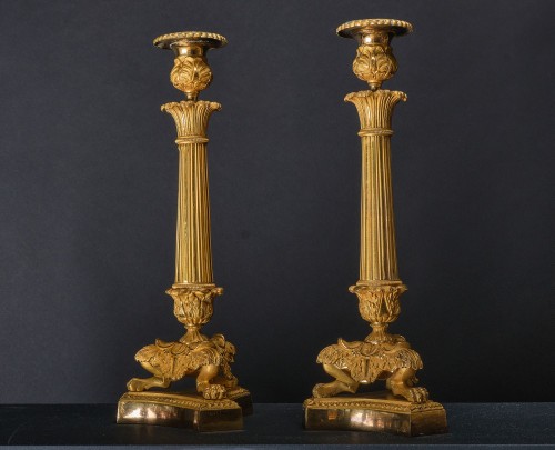 Pair Of Candlesticks In Gilt Bronze, France, Early 19th - 