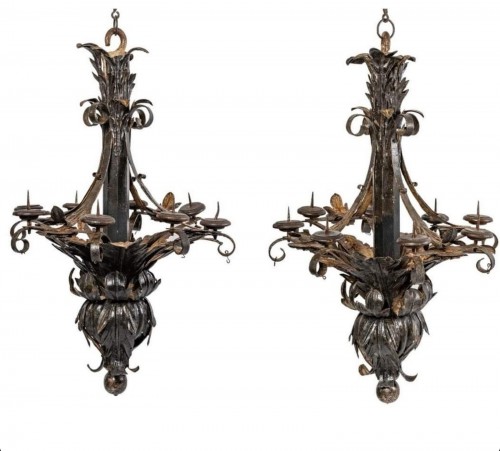 Pair of wooden chandeliers with applied and painted iron sheet, Italy, 19th
