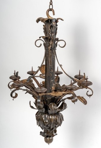 Antiquités - Pair of wooden chandeliers with applied and painted iron sheet, Italy, 19th
