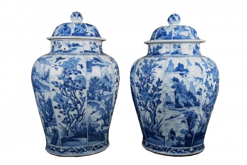 Pair Of Kangxi Monumental Lidded Vases, Blue And White Decor, China Circa 1