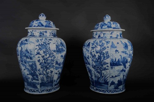 Asian Works of Art  - Pair Of Kangxi Monumental Lidded Vases, Blue And White Decor, China Circa 1
