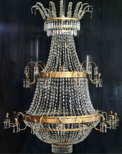 Large neoclassical chandelier with rich crystal hanging, Naples ca.1820