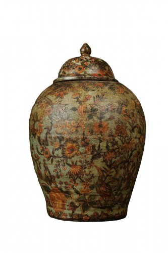 Vase en terre cuite peinte en décor Arte Povera, couvercle en bois, Piémont, 18ie siècle