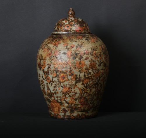 Vase en terre cuite peinte en décor Arte Povera, couvercle en bois, Piémont, 18ie siècle - Objet de décoration Style 