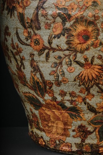 18th century - Painted Arte Povera Terracotta Vase With Wooden Lid, Piedmont, 18th century