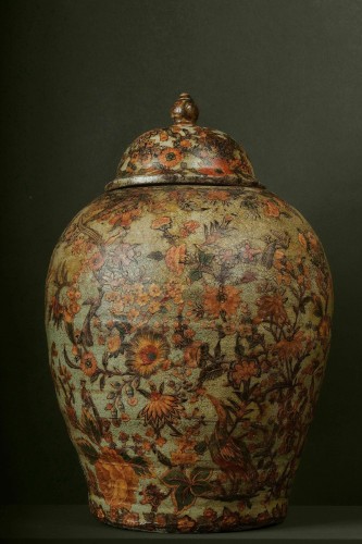 Vase en terre cuite peinte en décor Arte Povera, couvercle en bois, Piémont, 18ie siècle - 
