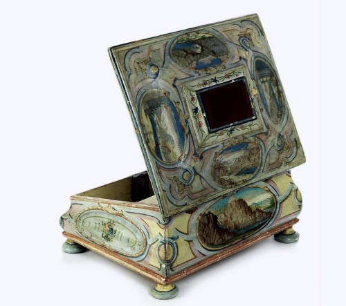 Cassette à coudre peinte de vedute architecturales, Venise vers 1760 - Mobilier Style Transition