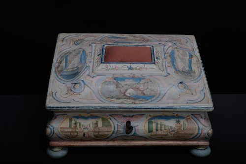 XVIIIe siècle - Cassette à coudre peinte de vedute architecturales, Venise vers 1760