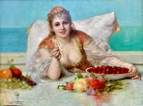 Léon Herbo (1850 – 1907) - Femme orientale avec des fruits et des fleurs - Tableaux et dessins Style 