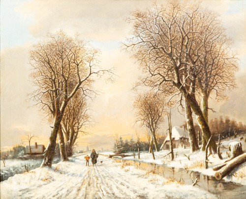 Franciscus Van Gulik (1841 - 1899) - Promenade le long du paysage enneigé - Tableaux et dessins Style 