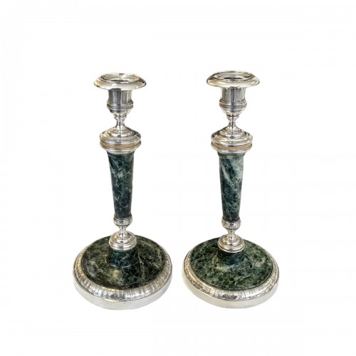 Pair of Louis XVI candlesticks in silver and marble