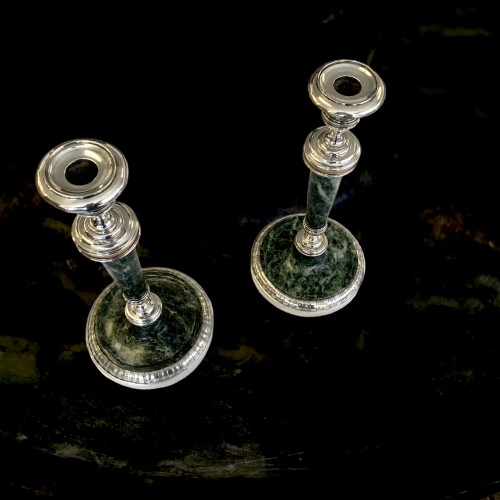 Pair of Louis XVI candlesticks in silver and marble - silverware & tableware Style Louis XVI