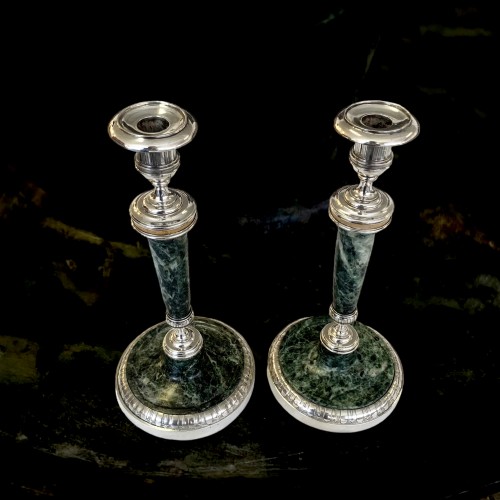 Antique Silver  - Pair of Louis XVI candlesticks in silver and marble